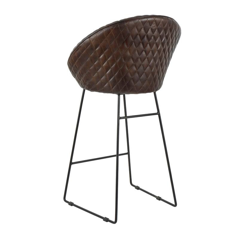 Brown Leather Round Diamond Tufted Bar Stool with High Back and Black Metal Legs (Set of 2)