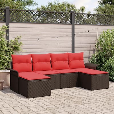 vidaXL 6 Garden Sofa Set with Cushions Black/Brown/Grey Poly Rattan - 98.8 x 46.1 x 27.2