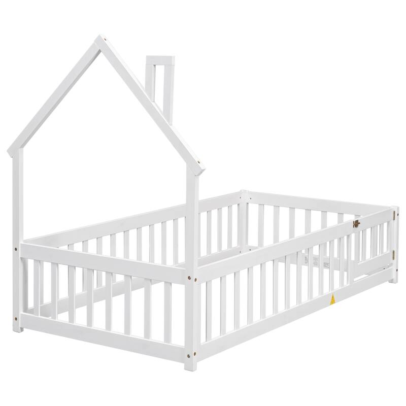 GDFStudio - Ethan American-Style Pine Twin Bed with House-Headboard and Fence Design
