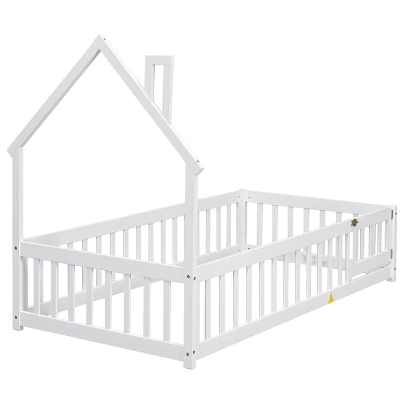 Twin House-Shaped Headboard Floor Bed with Fence, Fun & Safe Kids Bed