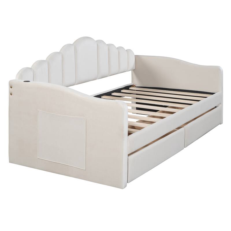 Twin Size Daybed Velvet Upholstered Sofabed with 2 Storage Drawers and USB Charging Ports, Wooden Bedframe No Box Spring Needed