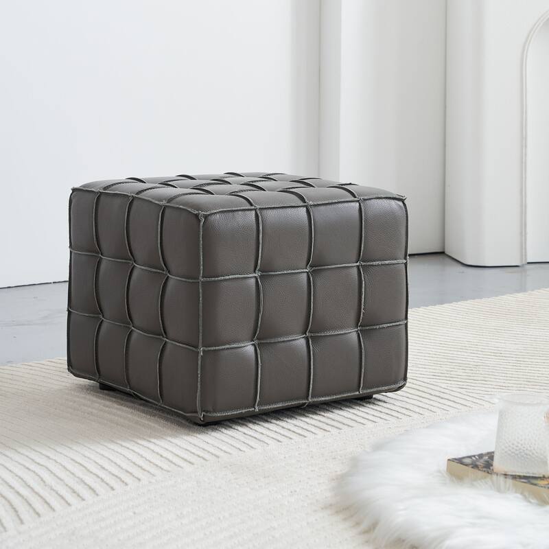 17.32" W Genuine Leather Tufted Ottoman,Footstool for Living Room & Bedroom,Grey - Grey