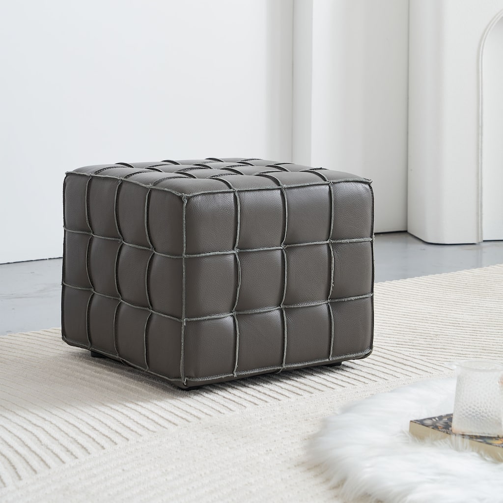 17.32" W Genuine Leather Tufted Ottoman,Footstool for Living Room & Bedroom,Grey