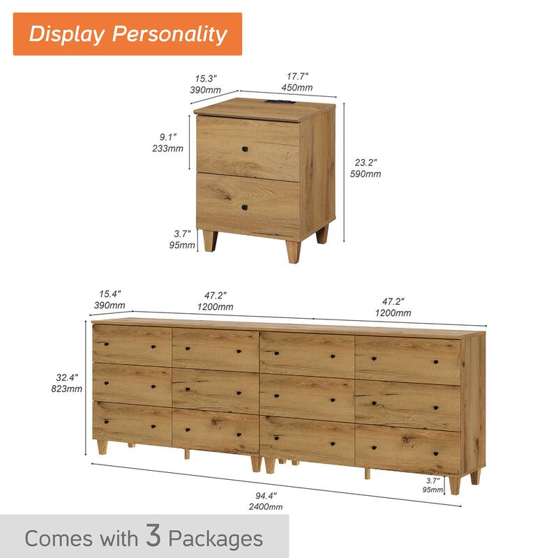 Bedroom 12-Drawer Dresser and Charging Nightstand Set, 94.4" Wide