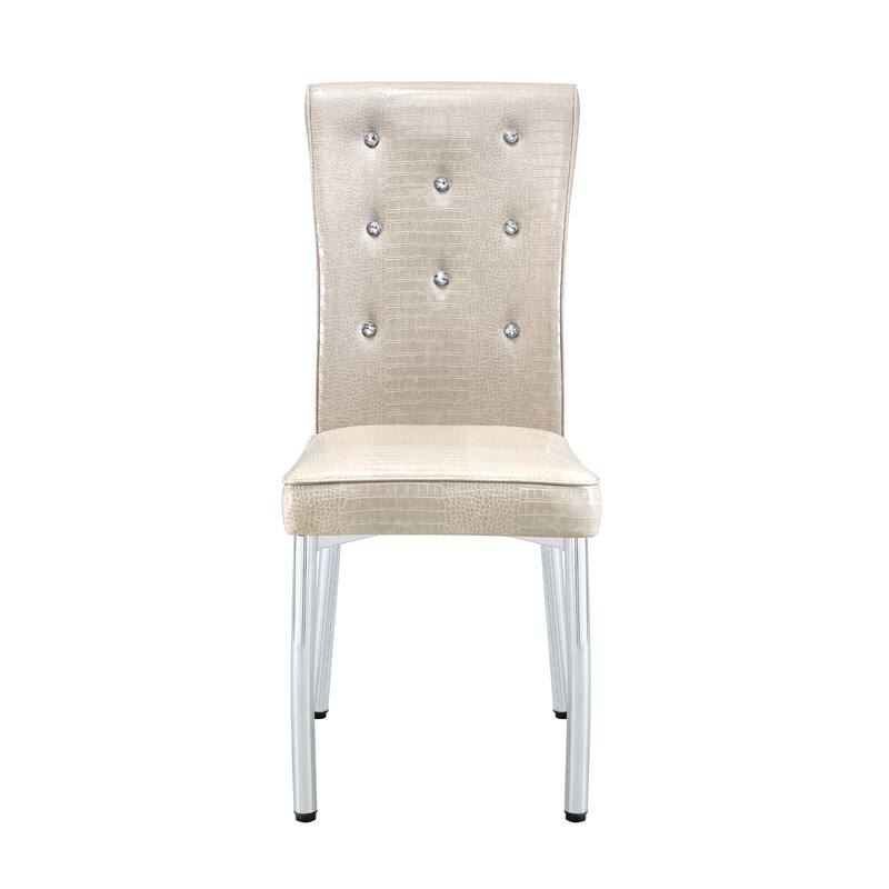 A set of 2 vintage crocodile leather cushioned dining chairs, featuring crystal clasp design and artificial leather design