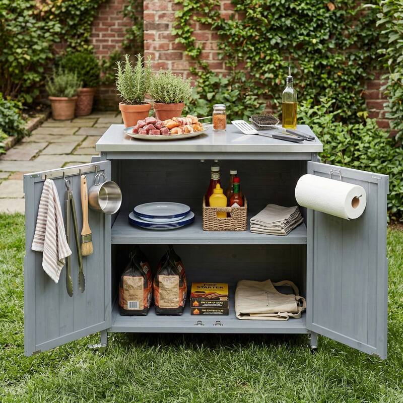 42.1" Outdoor Grill Cart with Side Shelf and Storage Cabinet, Stainless Steel Top Kitchen Island on Wheels