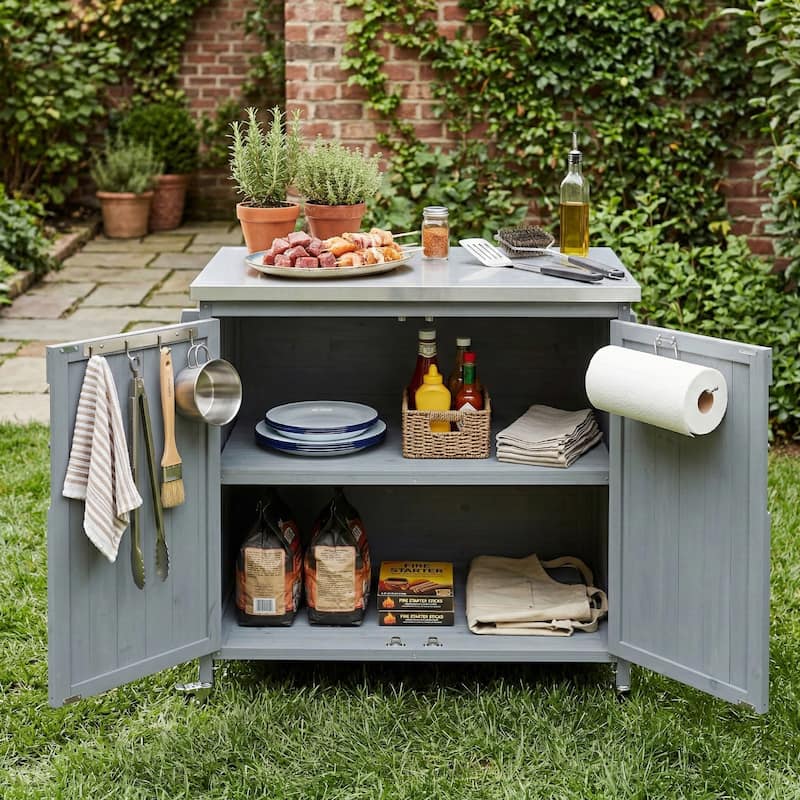 42.1" Outdoor Kitchen Island with Side Shelf, with Storage Cabinet, Outdoor Kitchen Cabinet, Adjustable Shelf and 4 Wheels
