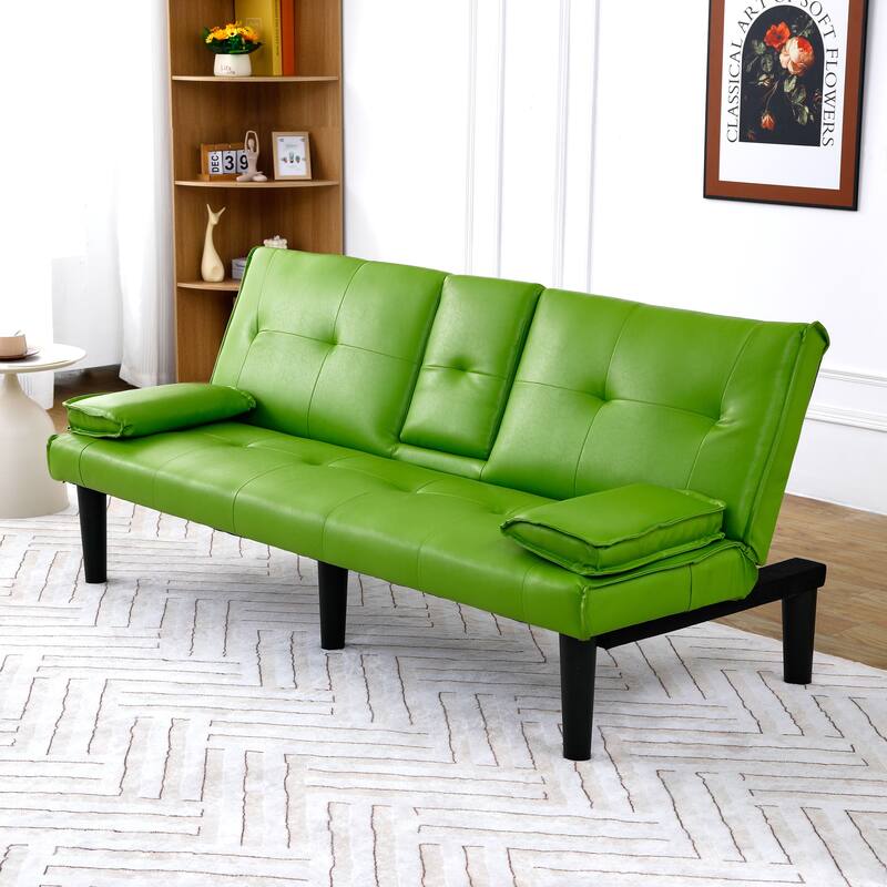 The 67-inch black PVC multi-functional sofa bed with a foldable and cup holder design