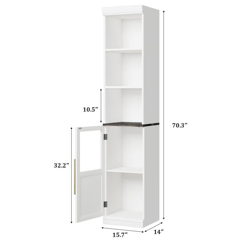 70 Inch Tall Narrow Storage Cabinet with Open Shelves for Small Spaces, Bathroom, Laundry Room Corner