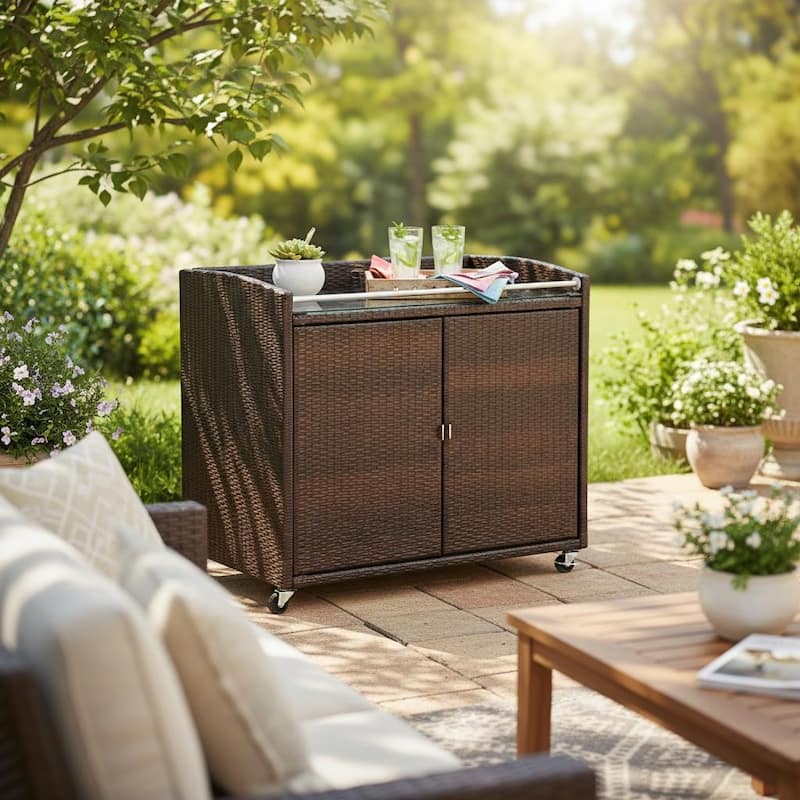 Teamson Home Outdoor Rattan Bar Serving Cart with Locking Caster Wheels, Glass Top, Large Patio Storage for Deck and Patio Use - Brown