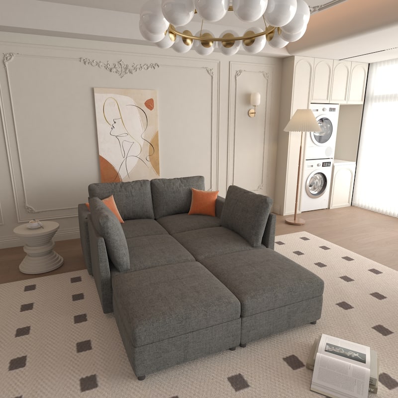 Grey 123" U-Shaped Modular 4 Seater Sectional Sofa with Storage Ottomans, Easy Assembly and Transport