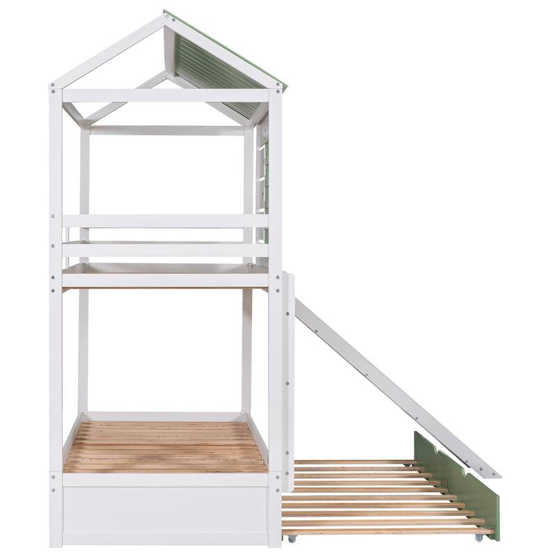 Convertible Twin Bunk Bed with Slide and Trundle, White and Green