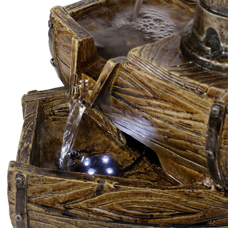 Two Tier Barrel Tabletop Fountain with White LED Lights