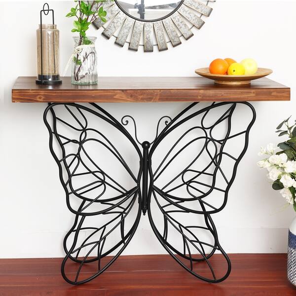 slide 1 of 13, Butterfly Black and Brown Metal and Wood Accent Table - 31.25" H x 40.75" W x 16" D