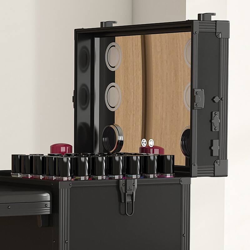 Portable Nail Art Table w/ LED Mirror, Bluetooth, Lockable Drawers, Telescopic Pole - Folding Manicure Station for Salons
