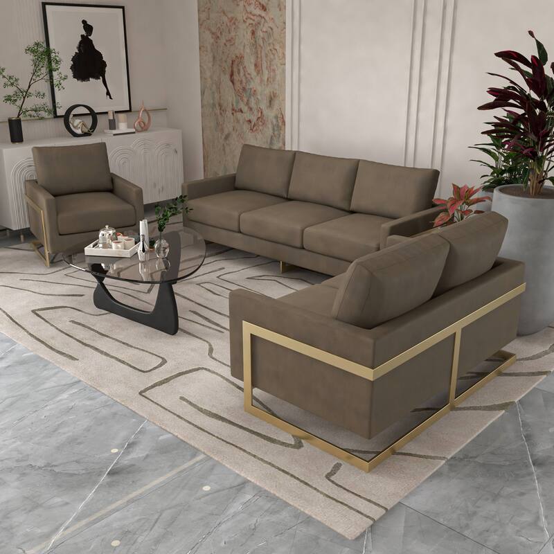 3-Piece Velvet Sofa Set with Gold Stainless Steel Base and Removable Cushions