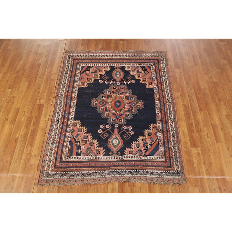 Hand Knotted Oriental 100% Wool Carpet Traditional Medallion Navy Blue & Blues Afshar Area Rug - 5' 2'' X 4' 3''