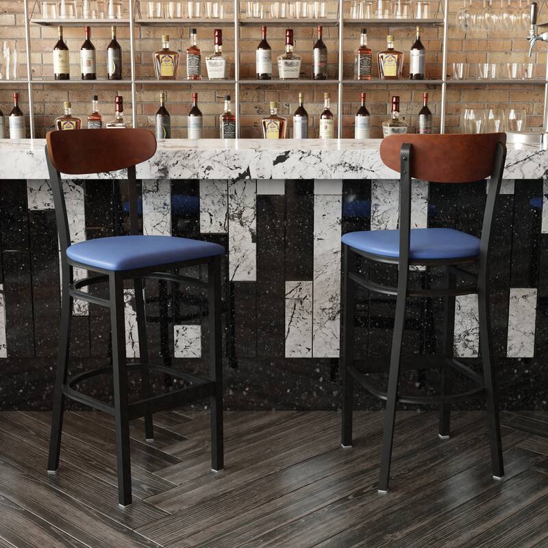 Commercial Metal Barstool with Wood Seat and Boomerang Back