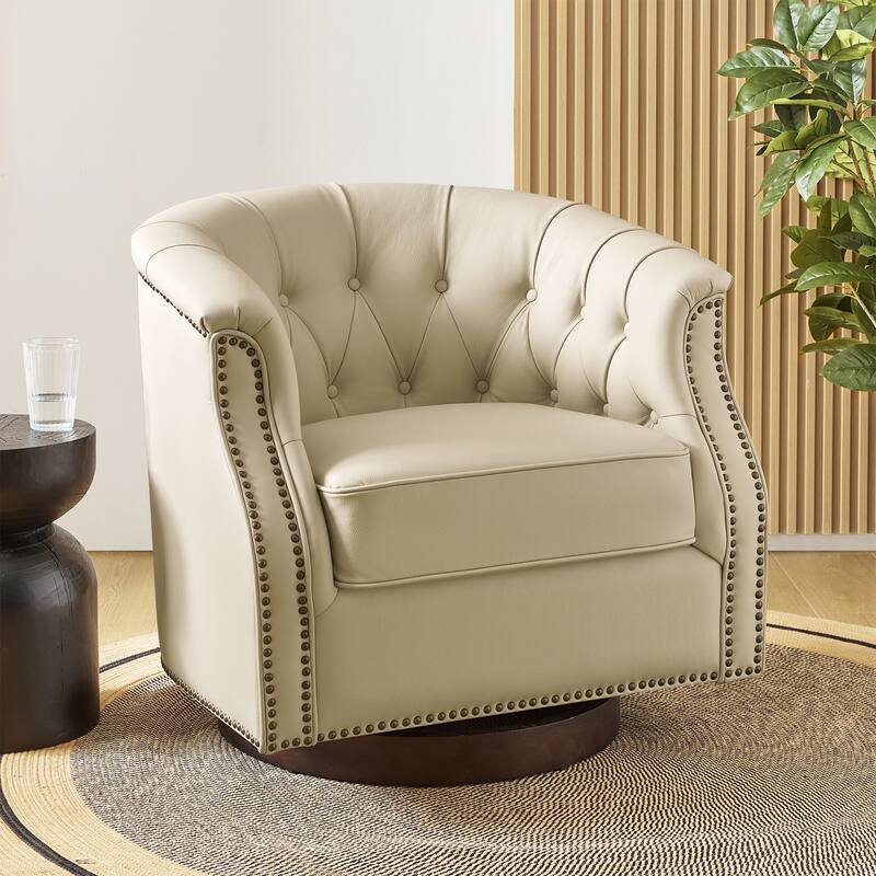 Max Traditional Chesterfield Rocker and Swivel Genuine Leather Chair with Nailhead Trims - White