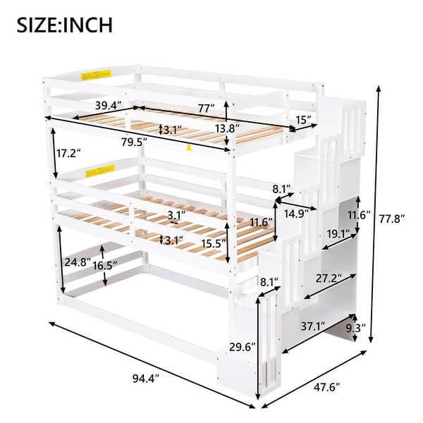 Twin Size Triple Bunk Bed with Storage Staircase, Separate Design, White