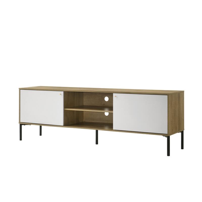 70"W White and Oak 2-Door TV Stand with Adjustable Shelf, Metal Legs
