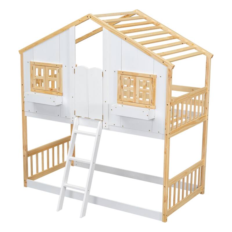 Twin over Twin House Bunk Bed with Roof ,Window,Window Box, Door,with Safety Guardrails and Ladder