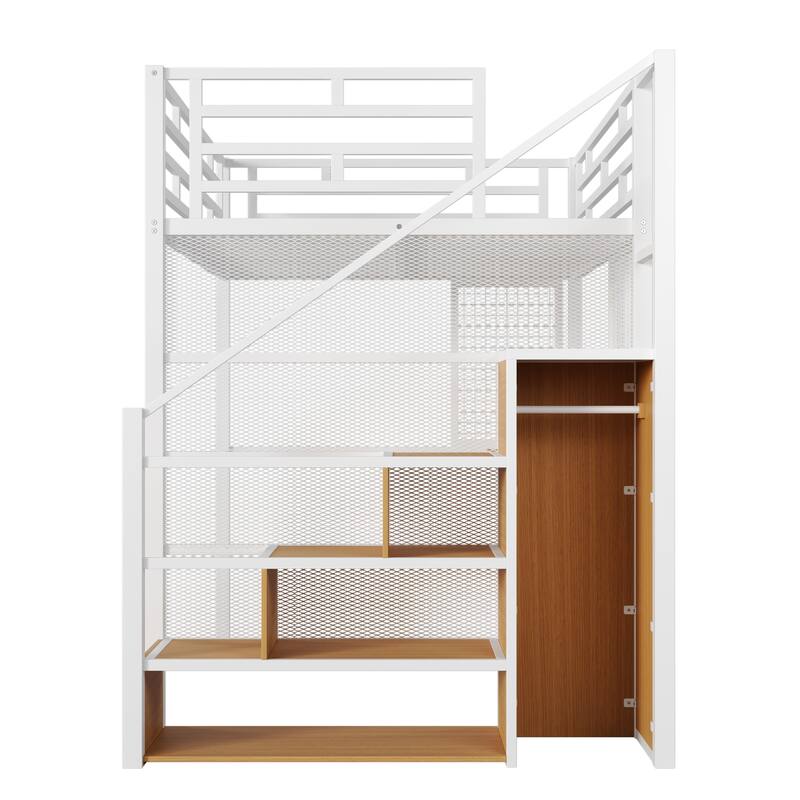 Full Size White Metal Loft Bed with Built-in Wardrobe, Desk & Storage Shelves