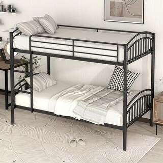 Twin Over Twin Steel Bunk Bed with Guardrails and Convertible Design