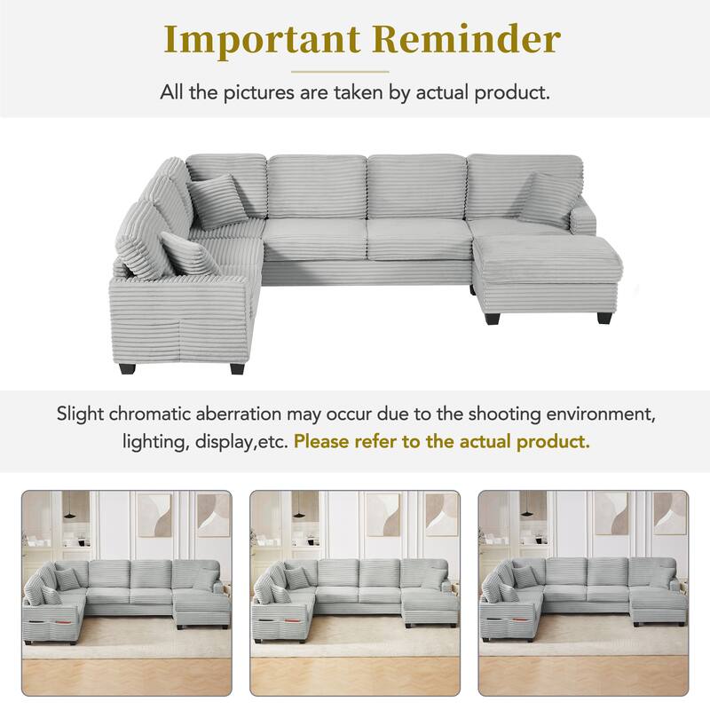 U Shaped Sectional Sofa with 1 Movable Ottoman, Corduroy Upholstered 6 Seater Sofa, Corner Sofa with Storage Pockets