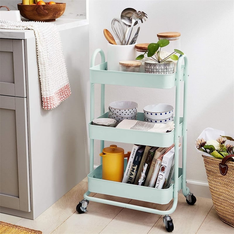 3 Tier Rolling Utility or Kitchen Cart white - 13.35"D x 17"W x 31"H - Mint Green
