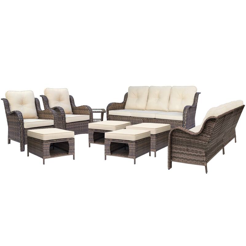 Brown Wicker Outdoor Patio Conversation Sofa Sets with Storage Ottoman