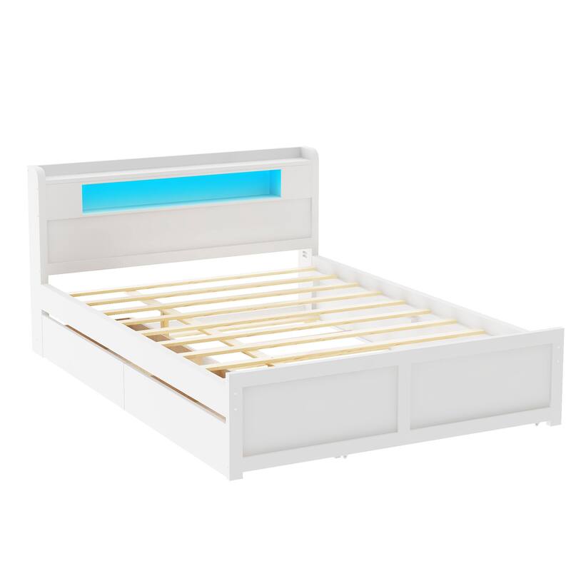 Queen Size Platform Bed with LED Headboard, Trundle & Drawers
