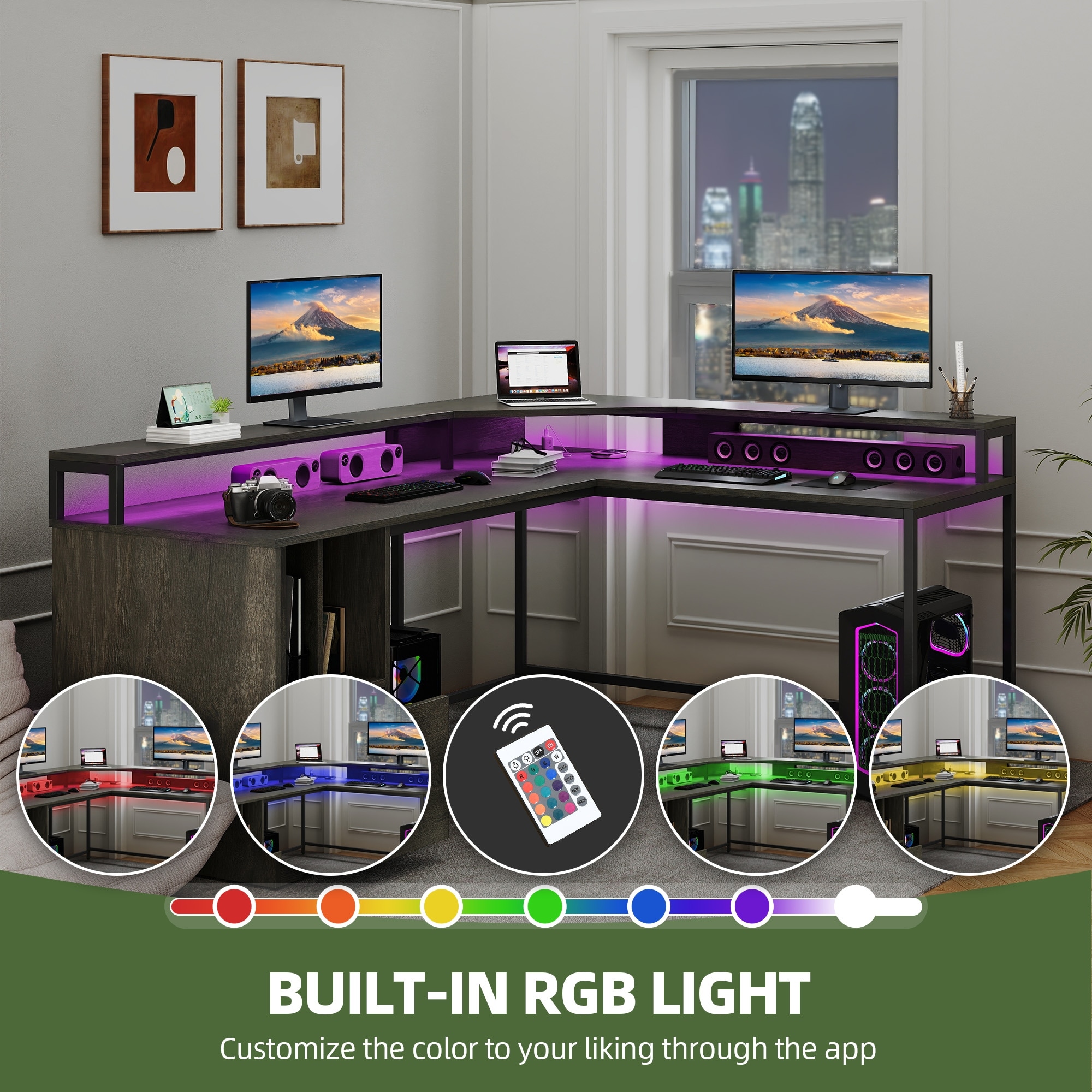 Moasis 66 L Shaped Corner LED Computer Desk with Cabinet and Power Outlets, image size:2000x2000