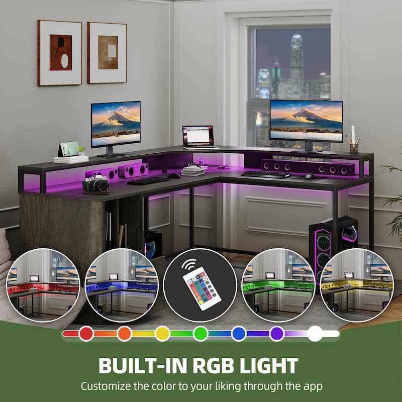 Moasis 66" L Shaped Corner LED Computer Desk with Cabinet and Power Outlets