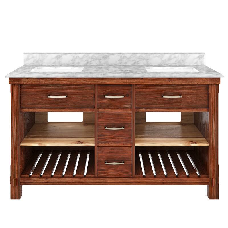 CASAINC 36"48"60" Freestanding Bathroom Vanity in Traditional Brown with Sink and Carrara Marble Top