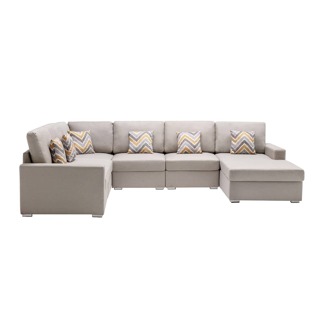 Linen Fabric 6 Piece Reversible Chaise Sectional Sofa with 6 Pillows and Interchangeable Legs