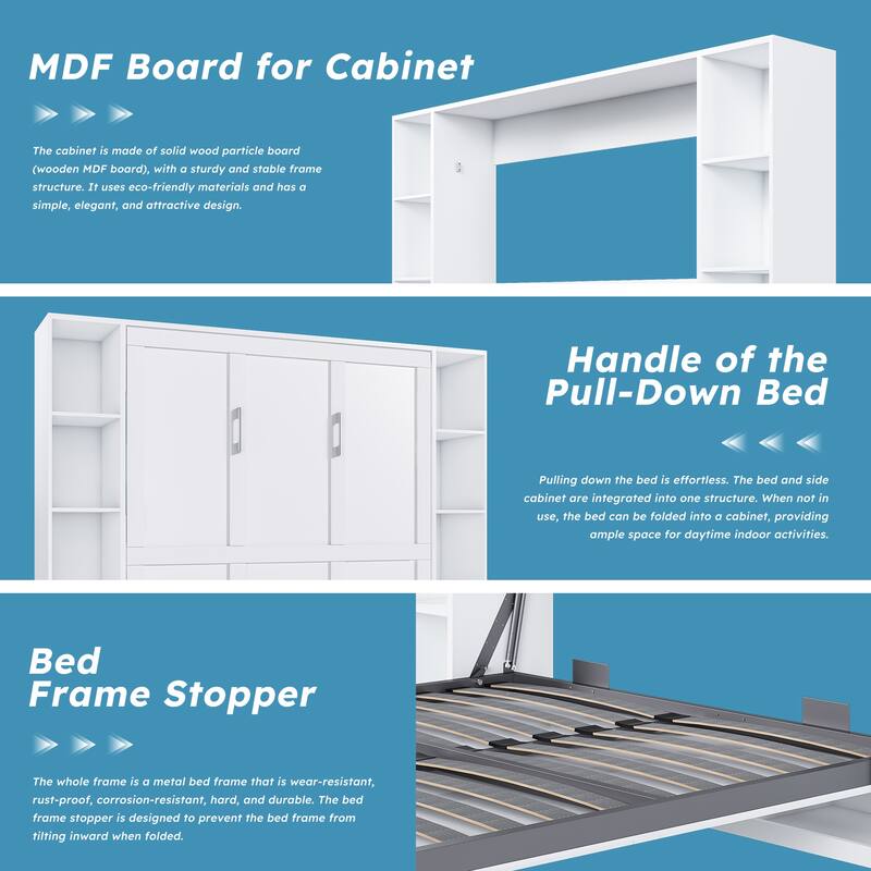 Queen Murphy Bed with Storage Cabinet, 89.7 Inch Foldable Wall Bed with Hardware Frame & Solid Wood Slats for Bedrooms
