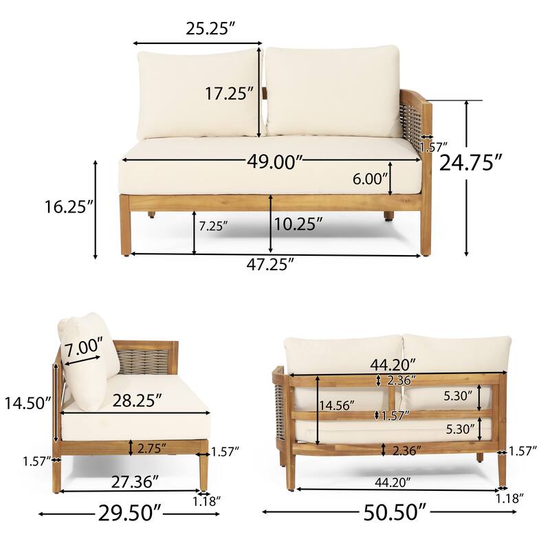 Burchett Outdoor Acacia Wood and Round Wicker 5 Seater Sectional Sofa Chat Set with Cushions by Christopher Knight Home