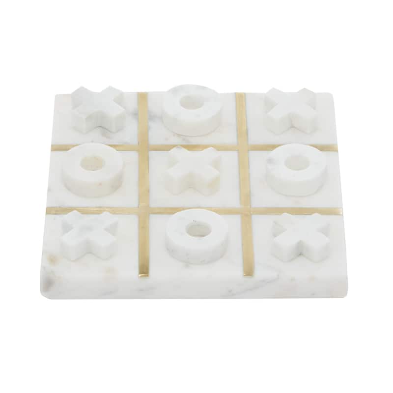 White or Black Marble Tic Tac Toe Game Set with Gold Inlay and Wood Pieces