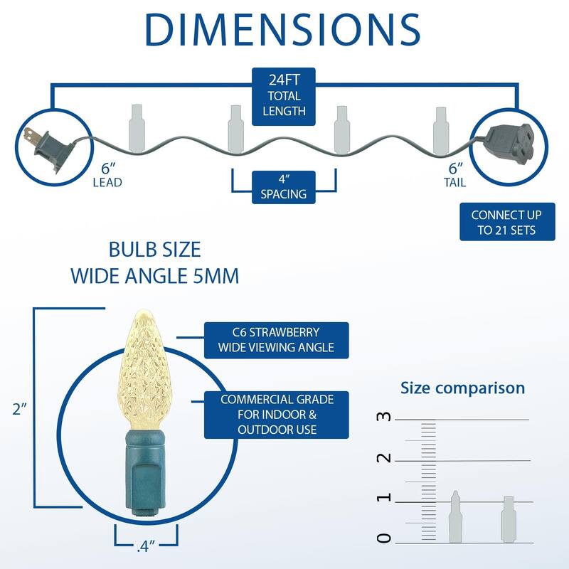 70 Light C6 LED Christmas Mini Light Set, Purple/Yellow, Green Wire, 24 Feet - Large