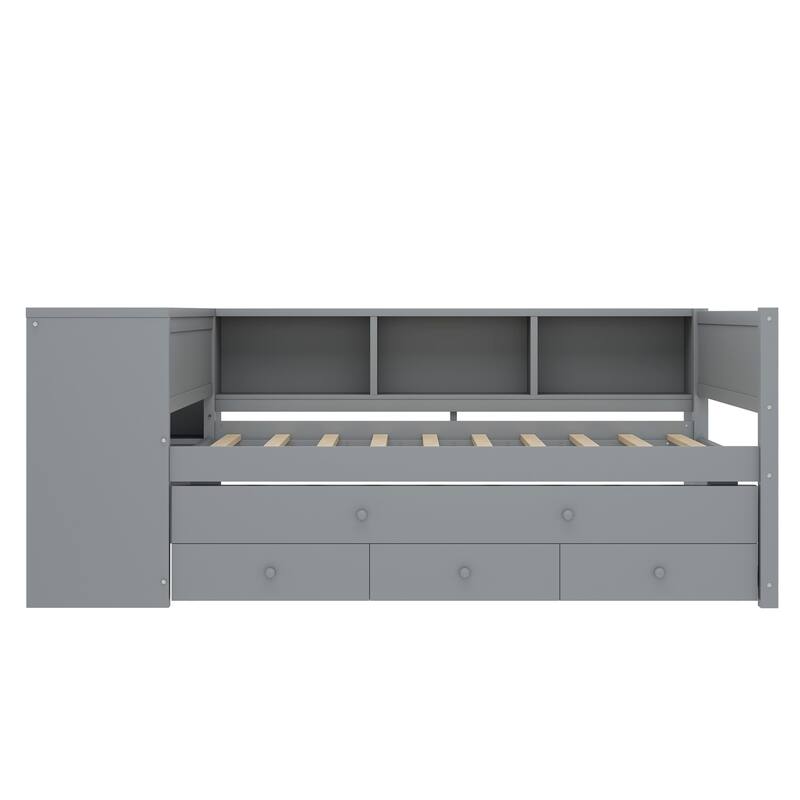 Full Size Daybed with Trundle, Wood Day Bed Frame with Storage Drawers and Side Shelves, Daybed with Desk, No Spring Box Needed