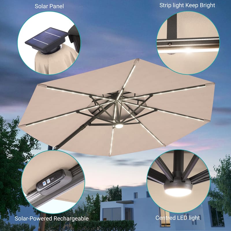 Bonosuki 11Ft Aluminum LED Cantilever Patio Umbrella with Base for Patio Deck Garden