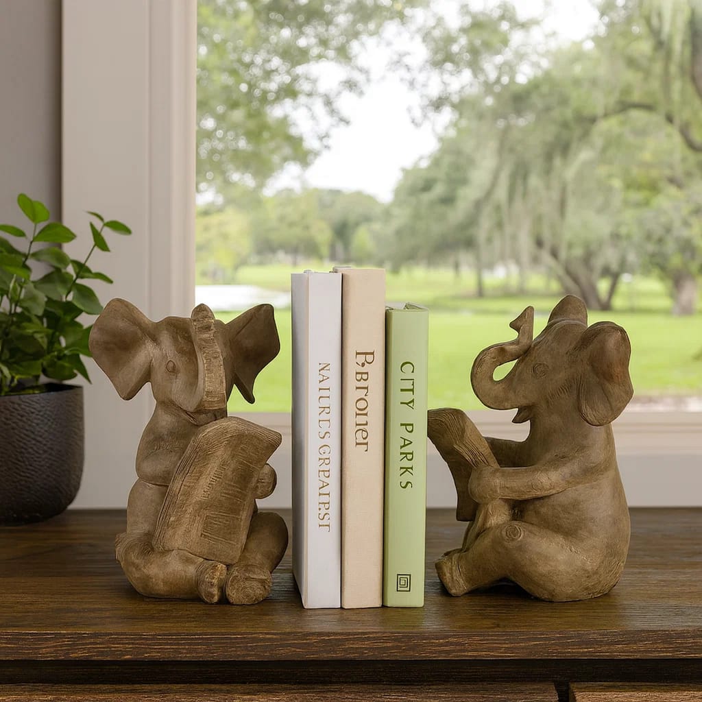 Ari Set of 2 Bookends, Reading Elephant Statuettes, Classic, Brown Resin