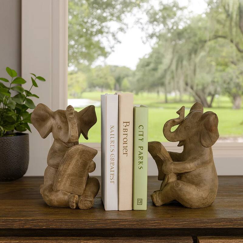 Ari Set of 2 Bookends, Reading Elephant Statuettes, Classic, Brown Resin