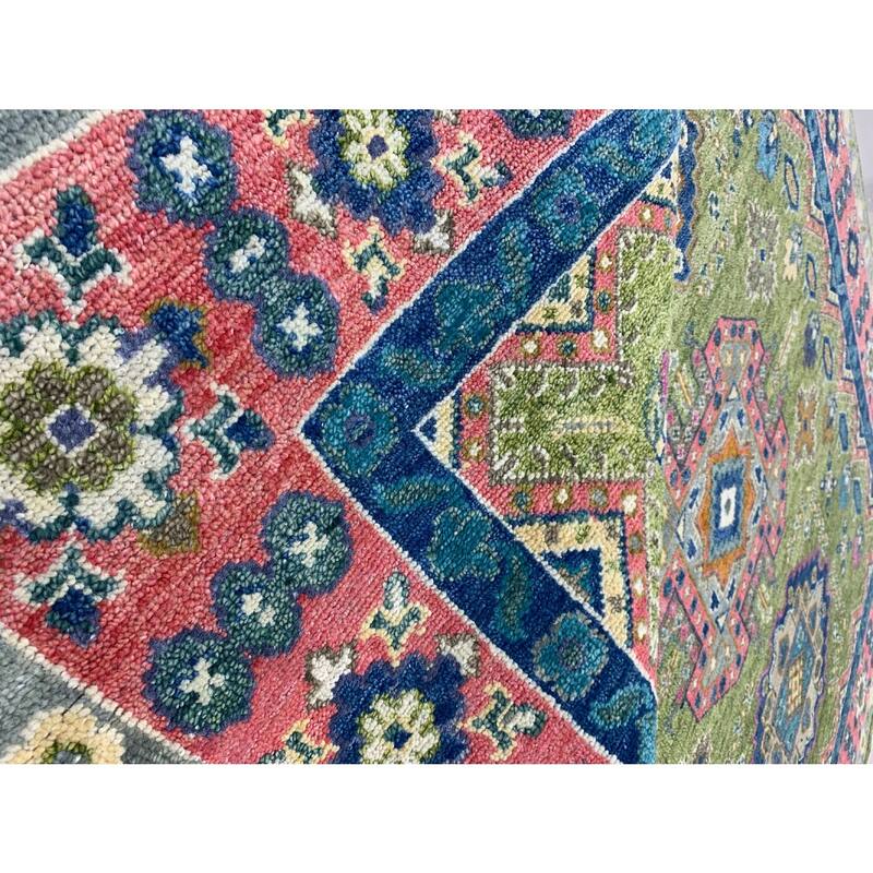 Pale Green Light Fuchsia Hand Knotted Wool Traditional Rug 9' x 12' - Ornamental Medallion 0.5" Pile - N/A