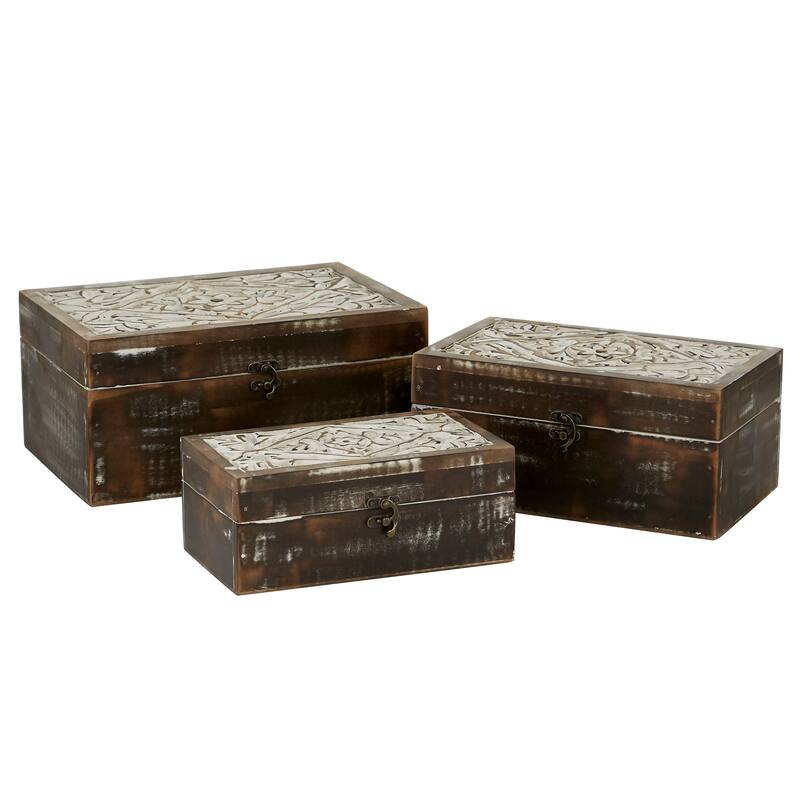 Wood Handmade Box with Hinged Lid (Set of 3)