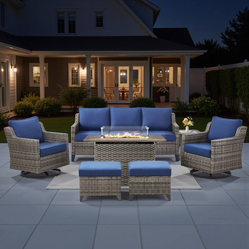 Pocassy Outdoor Swivel Chair with Sofa with Fire Pit Table - Blue Cushion Gray Wicker - 7-Piece Sofa Siwvel Chair Ottoman w/ Fire Table