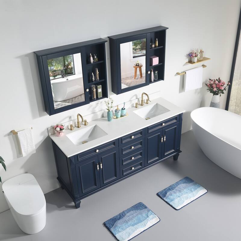35'' H Solid Wood Bath Vanity with Stain-resistant Carrera White Quartz Top and Double Sink