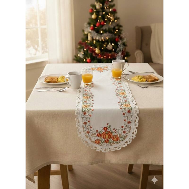 Pumpkin Embroidered Cutwork Rectangular Table Runner, 15 by 70 inch