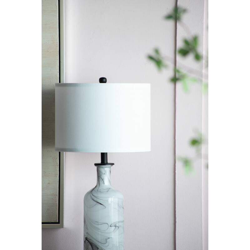 14x14x28.5" Sarris Tall Gray & White Swirl Glass Table Lamp w/ Linen Shade, Back Metal Base